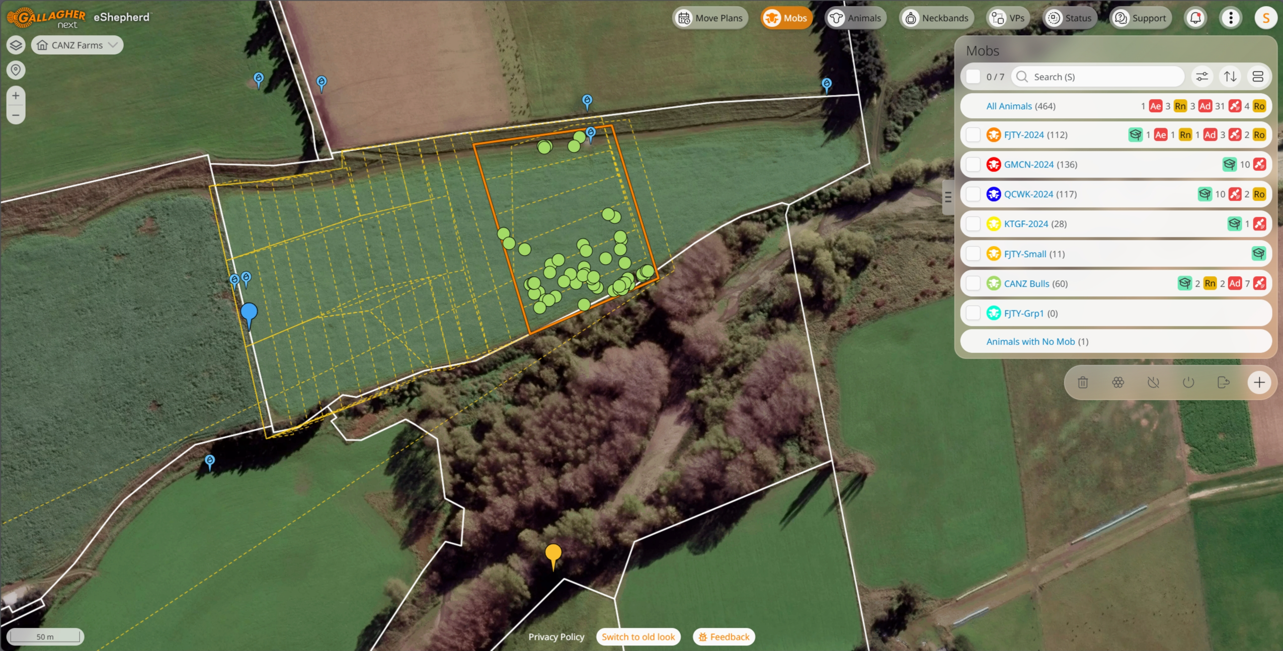 The eShepherd web app showing mobs of animals on a satellite map of a virtual paddock.